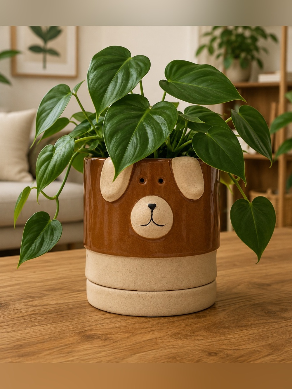 6 Inch Ceramic Planter with Attached Saucer Brown and Beige Two-Tone Flower Pot